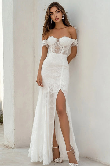Off The Shoulder White Lace Wedding Dress with Slit